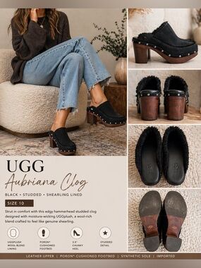 UGG Aubriana Clog Black Studded Platform Shearling Lined Sz 10